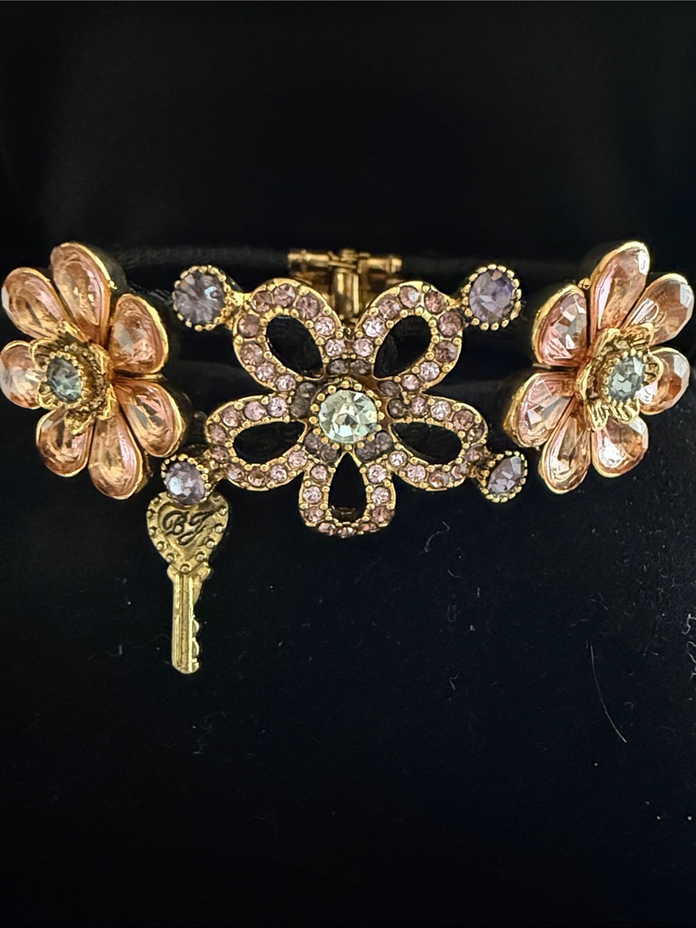 Betsey Johnson Vintage Floral Crystal/Gold Tone & Ribbon Hinged Snap Bracelet